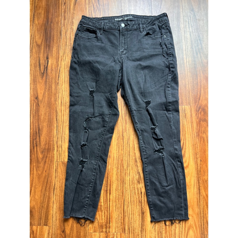 Old Navy Rockstar Jeans Women 16 Regular Black Excellent Distressed Raw Hem SEO